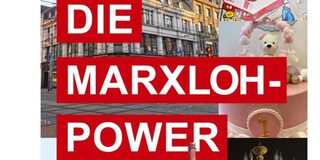 Buch Cover "Die Marxloh-Power": im Hintergrund ein Häusereck, eine Zeichnung der U-Bahn, eine Torte mit Teddy, ein Indurstriefoto, ein Foto von Brautkleidern, darauf in weißen Großbuchstaben "DIE MARXLOH-POWER" rot hinterlegt